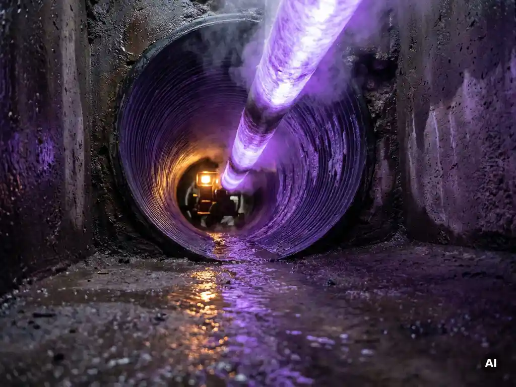 Harzendes Filzliner-Inliner unter violettem UV-Licht beim Aushärten in einem dunklen Untergrundrohr mit feuchten Betonwänden.