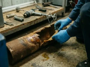 Techniker untersucht beschädigten Filzschlauch-Liner mit Rissen und Harzflecken auf Betonboden in Industriewerkstatt.