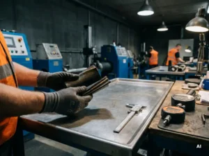 Techniker hält Schlauchliner-Querschnitt über Prüftisch mit Messschieber und Zugfestigkeitsprüfer, Rohrrehabilitierung Werkstatt.