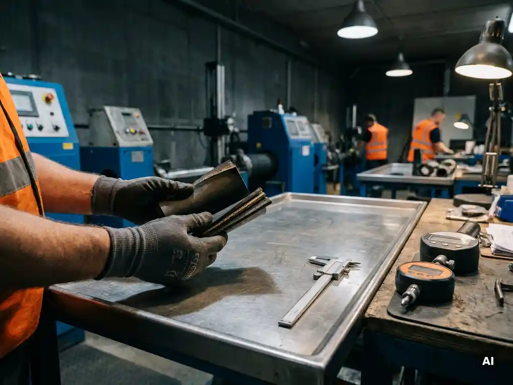 Techniker hält Schlauchliner-Querschnitt über Prüftisch mit Messschieber und Zugfestigkeitsprüfer, Rohrrehabilitierung Werkstatt.