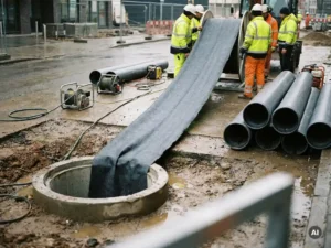 Flexibler harzgetränkter Filzliner wird neben einem offenen Kanalschacht auf einer nassen Baustelle ausgerollt.