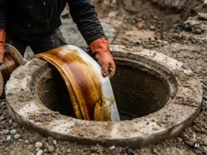 Techniker führt harzdurchtränkten Inversionsliner in einen Betonschacht bei einer grabenlosen Rohrsanierung.