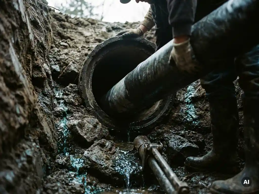 Flexibles Linerschlauch-Einziehen in ein unterirdisches Rohr, umgeben von feuchtem Erdreich mit sickerndem Grundwasser.