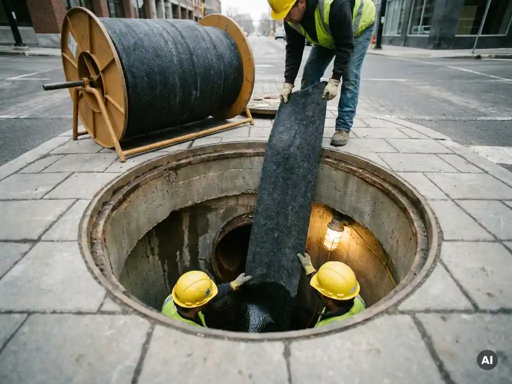 Arbeiter in Schutzausrüstung führen einen harzgetränkten Filzliner in einen unterirdischen Kanal ein, Straßenoberfläche unbeschädigt.