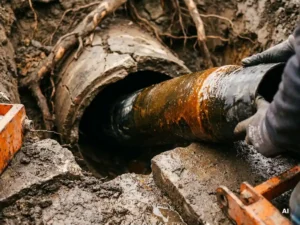 Flexibler Linerschlauch wird in beschädigtes Untergrundrohr mit Rissen und Wurzelschäden eingeführt, nasses Beton- und Erdumfeld.