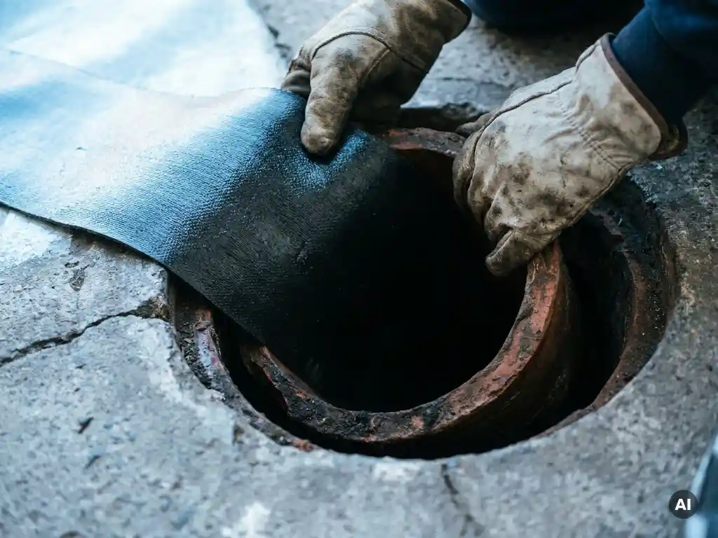 Techniker führt harzgetränkten Inliner in eine Kanalrohrleitung aus Beton für die grabenlose Rohrsanierung ein.