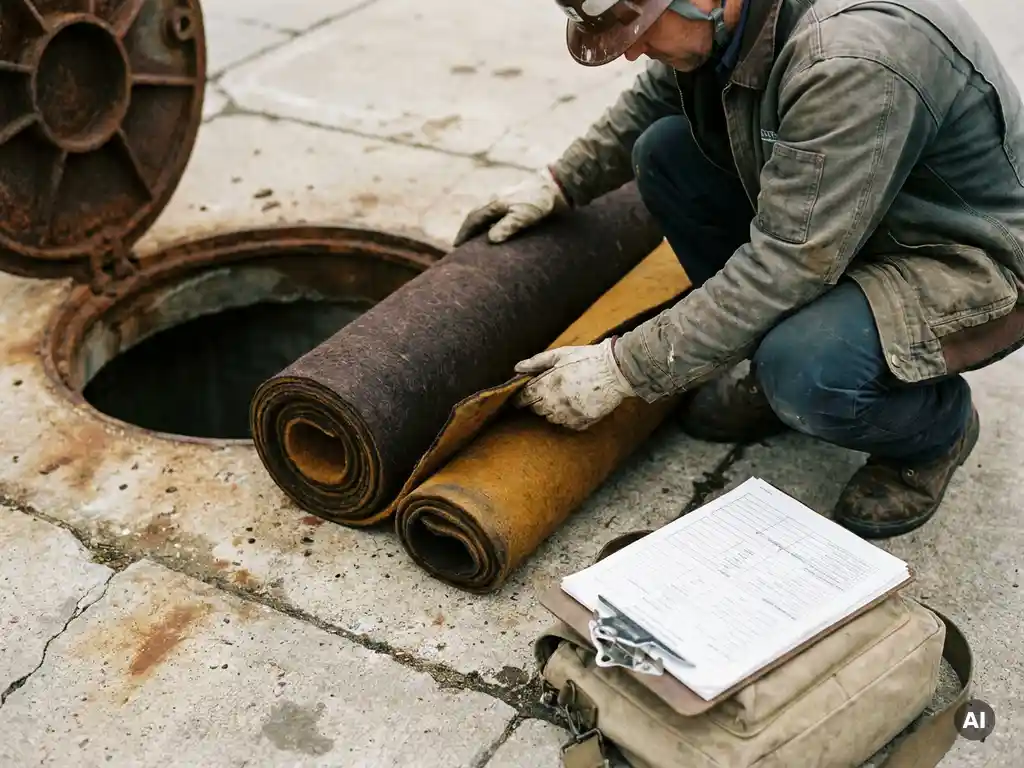 Techniker untersucht zwei gerollte Filzliner-Rohre auf verwittertem Beton neben einem offenen Kanalschacht mit Klemmbrett.