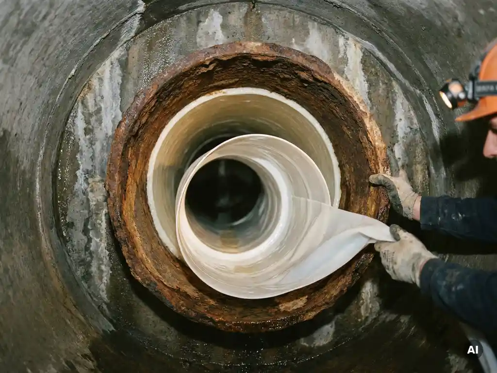 Querschnitt eines unterirdischen Rohrs mit glatter Harzauskleidung im korrodierten Altrohr, zweite Liner-Einführung in feuchtem Betontunnel.